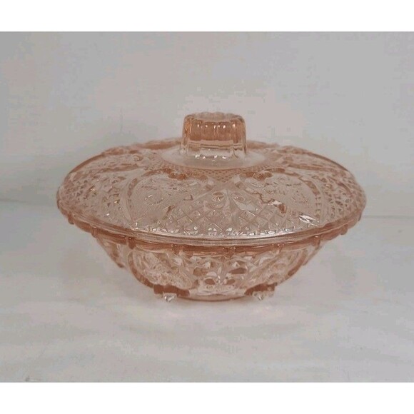 Vintage Kig Pink Depression Glass Style Hearts & Roses Lidded Candy Dish - Picture 1 of 7